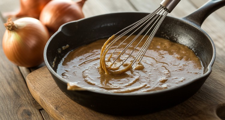 Building the Onion Gravy for Smothered Pork Steaks Softened onions and beef broth being whisked into a cast-iron skillet to build onion gravy