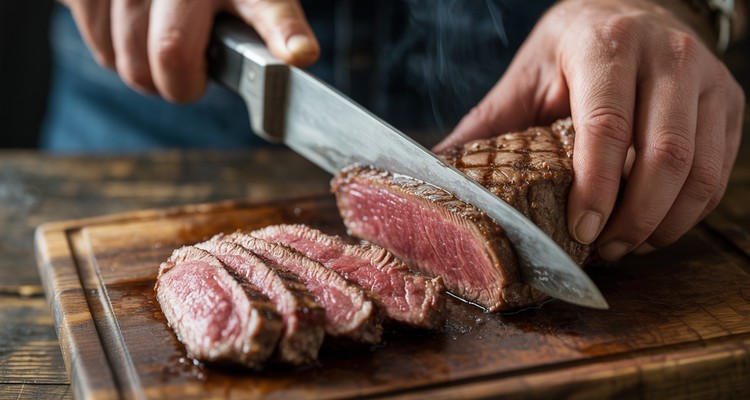Close-up of grilled tip steak being sliced against the grain at an angle showing rosy medium-rare interior
