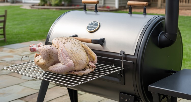 Seasoned whole turkey on a smoker rack before cooking