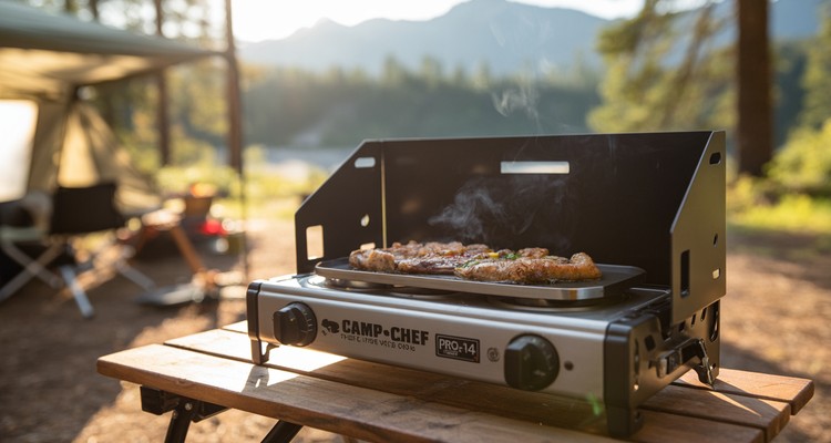 Camp Chef Pro 14 two-burner camping stove cooking steak at a forest campsite during golden hour